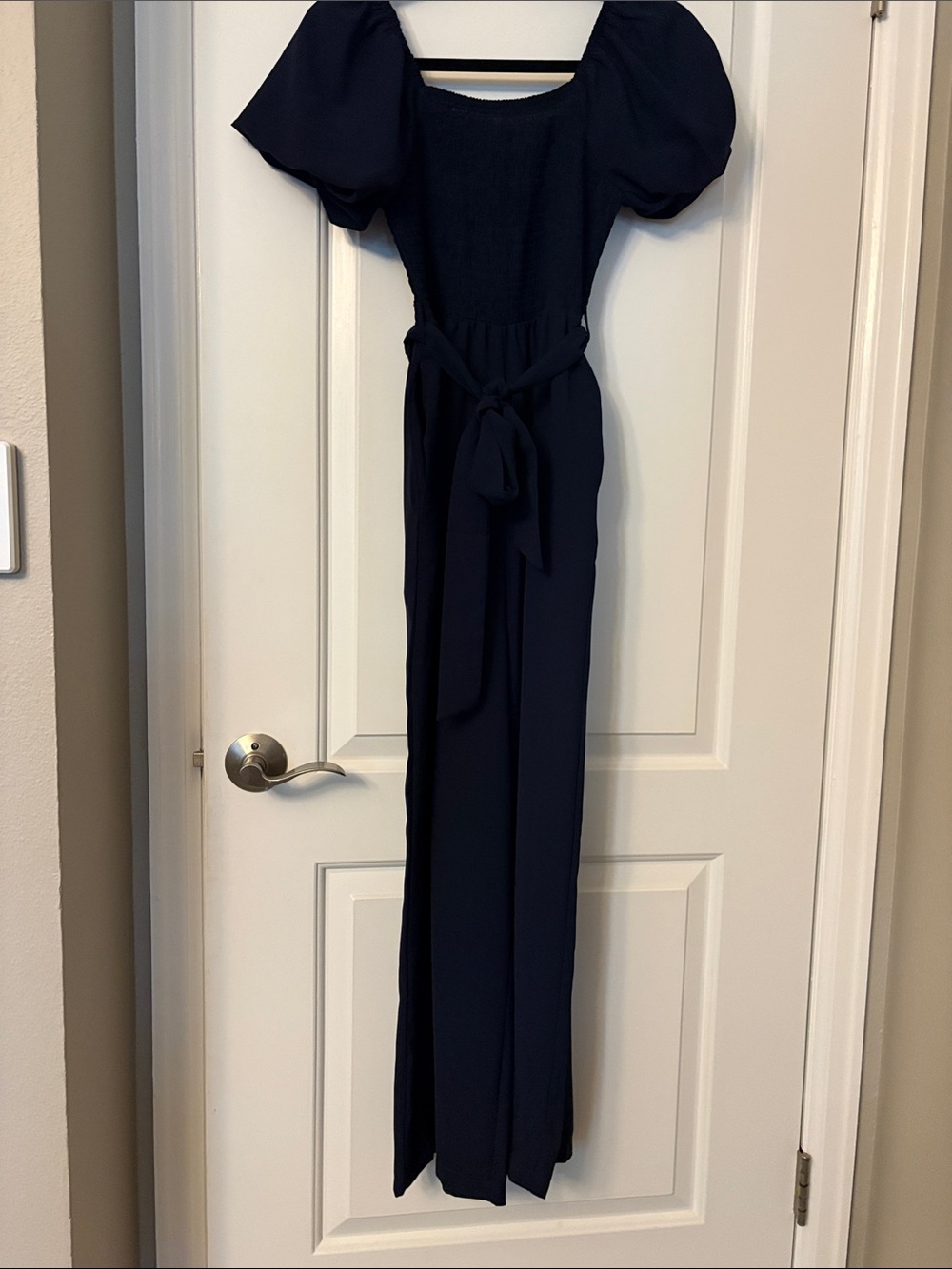 Navy Puff-Sleeve Jumpsuit with Tie Waist